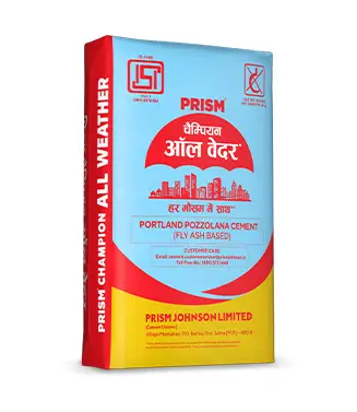 Prism Champion All Weather Portland Pozzolana Cement (fly ash based) bag by Prism Cement